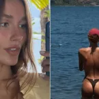 Sasha Meneghel faz topless na praia durante viagem em família