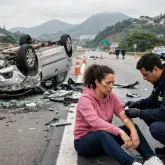 Mulher sofre ferimentos leves ap�s carro capotar na Linha Vermelha, no Rio de Janeiro