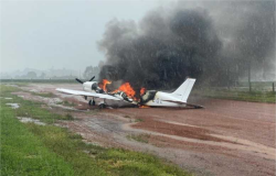 Piloto faz pouso forado, coloca fogo em avio carregado de droga e foge