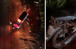 Pai e filha ficam feridos ap�s moto ser atingida por caminhonete; motorista foge