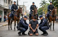Pol�cia a cavalo prende homem com ordens de pris�o em Cuiab�