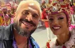 Discretos, o chef�o da Viradouro compartilha um clique com a namorada porta-bandeira do Salgueiro