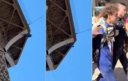 Homem escala Torre Eiffel e � preso ap�s hastear bandeira dos EUA