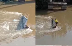 Ponte desaba e caminh�o cai no rio com motorista desaparecido no Pantanal