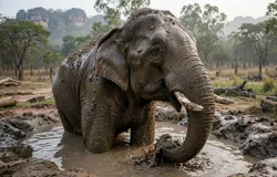 Elefante Sandro passa primeira noite em santu�rio e toma banho de lama na manh�