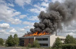 M�tropole de Lyon. Un feu de toiture au cr�matorium de Bron g�n�re un �norme panache de fum�e