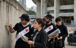 Torcedores do Vasco colam cartazes no Maracan� antes de jogo da NFL