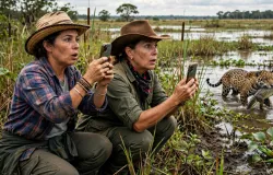 Sertanejas registram on�a-pintada carregando jacar� ap�s ataque no Pantanal