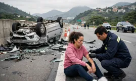Mulher sofre ferimentos leves ap�s carro capotar na Linha Vermelha, no Rio de Janeiro