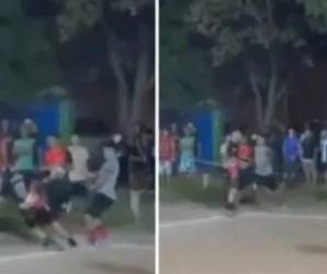 Jogador � derrubado com soco durante partida de futebol amador em Cuiab�