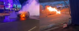 Carro pega fogo em frente ao Castel�o antes de jogo do Cear�, mas ningu�m se machuca