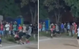 Jogador � derrubado com soco durante partida de futebol amador em Cuiab�