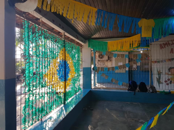 Com cores da bandeira brasileira, escola  decorada por estudantes e professores.