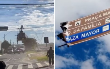 Helicptero da PM bate em placa de trnsito durante pouso