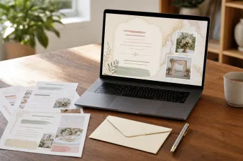 Imagem ilustrativa de um laptop com anota��es para um evento e um convite personalizado sendo criado.