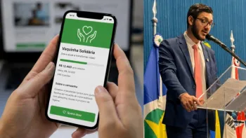 Imagem ilustrativa de uma vaquinha online com moedas e um celular.