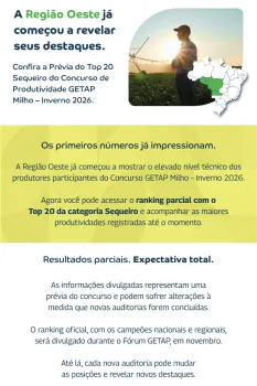 Imagem informativa sobre o Top 20 de produtividade do milho na safra de inverno de 2026.