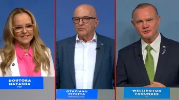 Dra. Natasha, Otaviano Pivetta e Wellington Fagundes participaram do 1� debate em MT Foto: TVCA/reprodu��o