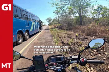 Motorista de �nibus alerta motorista sobre inc�ndio na moto. Foto: Reprodu��o (Ajustada por IA)