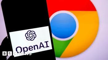 Getty Images A phone with the OpenAI logo on its screen. In the background is the round multi coloured Chrome logo.