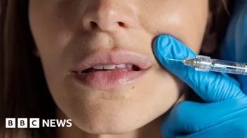 Getty Images Uma imagem de arquivo de uma mulher com apenas a metade inferior do rosto vis�vel prestes a receber uma inje��o, com a boca sendo puxada para cima ligeiramente por uma m�o com luva azul.