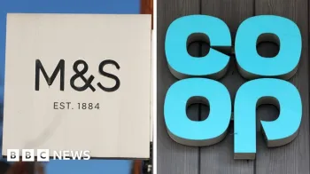 Getty Images Uma imagem composta do logotipo preto da M&S � esquerda e do logotipo azul do Coop � direita.