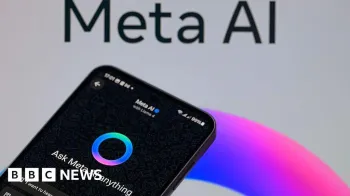 Um smartphone preto exibindo Meta AI � exibido ao lado de um fundo de um post para Meta AI