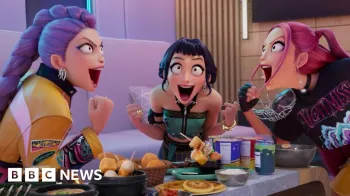 Netflix Os trs personagens principais do filme de animao da Netflix Kpop Demon Hunters sentam-se a uma mesa cheia de comida e celebram.