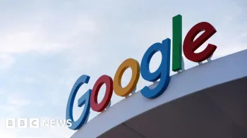 O logotipo multicolorido do Google est� empoleirado no site da empresa na exposi��o CES em Las Vegas em 2024
