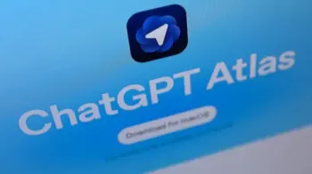 O ChatGPT Atlas apresenta um �cone branco semelhante a um cursor, definido em um fundo azul com uma vers�o do logotipo da OpenAI