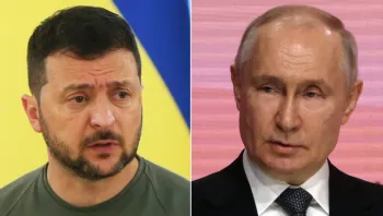 Volodymyr Zelensky, presidente da Ucr�nia, e Vladimir Putin, presidente da R�ssia� Getty Images