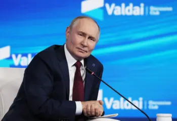 Presidente russo Vladimir Putin discursa durante uma sess�o plen�ria da 22� reuni�o anual do Valdai Discussion Club, em Sochi