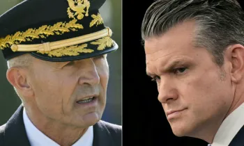 o Chefe do Estado-Maior do Ex�rcito dos EUA, General Randy George (� esquerda), e o Secret�rio de Defesa dos EUA, Pete Hegseth, (� direta).