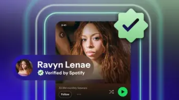 Spotify A mock up of the artist Ravyn Lenae's profile on Spotify with a green verified checkmark icon on her profile next to a picture of her staring at the camera with long curly hair. Underneath her picture it says 