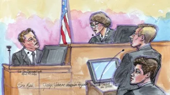Em um desenho de tribunal, Elon Musk conversa com a ju�za Yvonne Gonzalez Rogers enquanto Sam Altman observa.