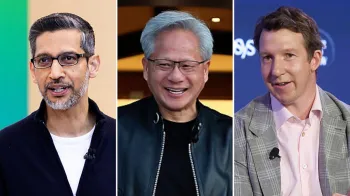 Sundar Pichai, Jensen Huang e Jack Clark (da esquerda para a direita)