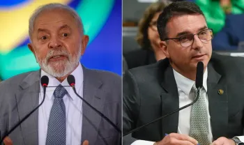O presidente Lula (PT) e o senador Fl�vio Bolsonaro (PL): pesquisa mostra redu��o da dist�ncia entre eles nas inten��es de voto para 2026. Foto: Brenno Carvalho