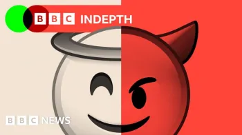 Uma montagem mostra um emoji de anjo e um de diabo. O lado do anjo tem fundo bege e o lado do diabo tem fundo vermelho. O logotipo BBC InDepth aparece no canto superior esquerdo.