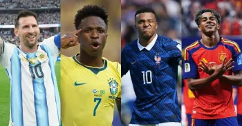 Messi, Vini Jr, Mbapp� e Yamal. Fotos: Instagram/@leomessi, Rafael Ribeiro/CBF, FIFA, X/SEFutbol