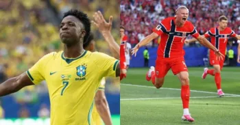 Vini Jr, do Brasil, e Erling Haaland, da Noruega (Foto: Justin Setterfield/Getty Images)