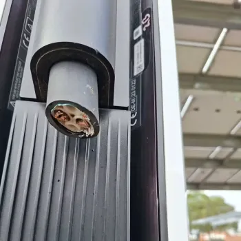 Esta��o de carregamento de carros el�tricos com o cabo cortado e furtado em Raymond Terrace, na Austr�lia. Foto: Reprodu��o/Facebook/The Local Situation
