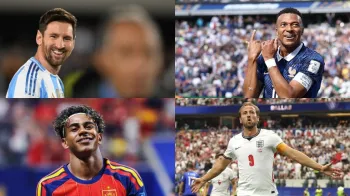 Montagem com imagens dos jogadores Lionel Messi, Kylian Mbapp�, Lamine Yamal e Harry Kane. LUIS ROBAYO / AF - CHARLY TRIBALLEAU / AFP - Reprodu��o / Redes Sociais