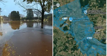 Fam�lias que est�o perto do rio est�o em risco por causa da inunda��o. Defesa Civil do Rio Grande do Sul