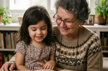 Av� e neta vendo fotos de fam�lia (Imagem gerada por IA)