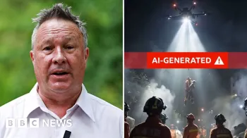 Correspondente da BBC na China, Stephen McDonell, est� em um parque � esquerda. � direita, uma imagem gerada por IA de um resgate de drone durante enchente.