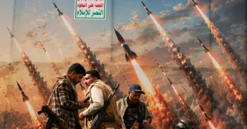 Houthis diante de banner que retrata m�sseis em manifesta��o contra a Ar�bia Saudita, em Sanaa, no I�men - 31 de julho de 2026. REUTERS/Khaled Abdullah
