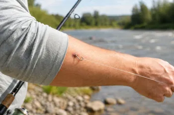 Pescador tem bra�o ferido por anzol �s margens do Rio Paraguai. (Imagem ilustrativa gerada por IA)