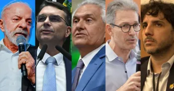 Da esquerda para a direita: Lula (PT), Fl�vio Bolsonaro (PL), Romeu Zema (Novo), Ronaldo Caiado (PSD) e Renan Santos (Miss�o). Arte CNN Brasil