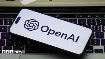 O logotipo da OpenAI em um telefone branco ao fundo, o telefone est� em um teclado de laptop