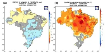 Previs�o de desvios de precipita��o e temperatura m�dia do ar para setembro de 2026 (Inmet)